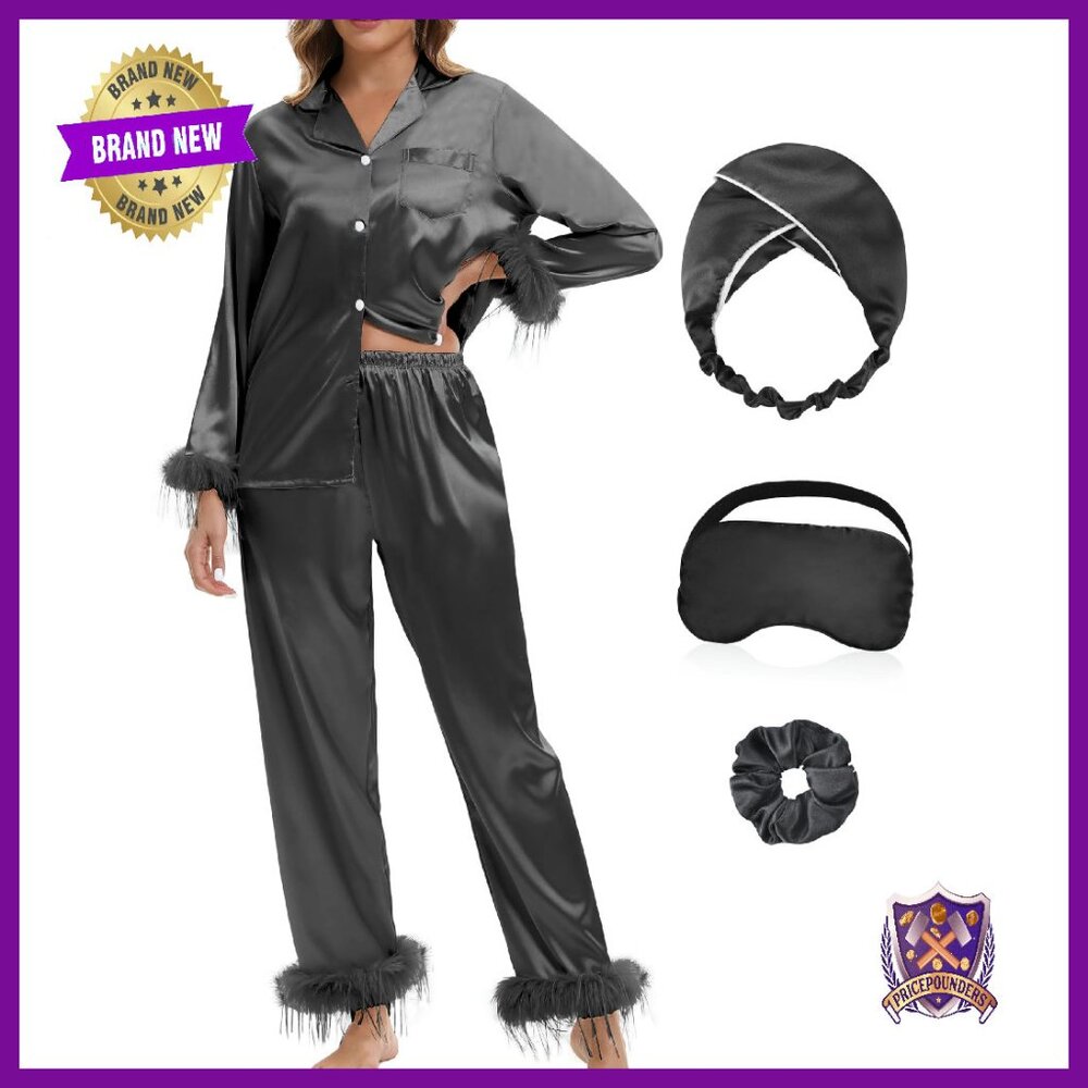 Satin Pajama Set With Feather Trim Long Sleeve Sleep Mask Scrunchie